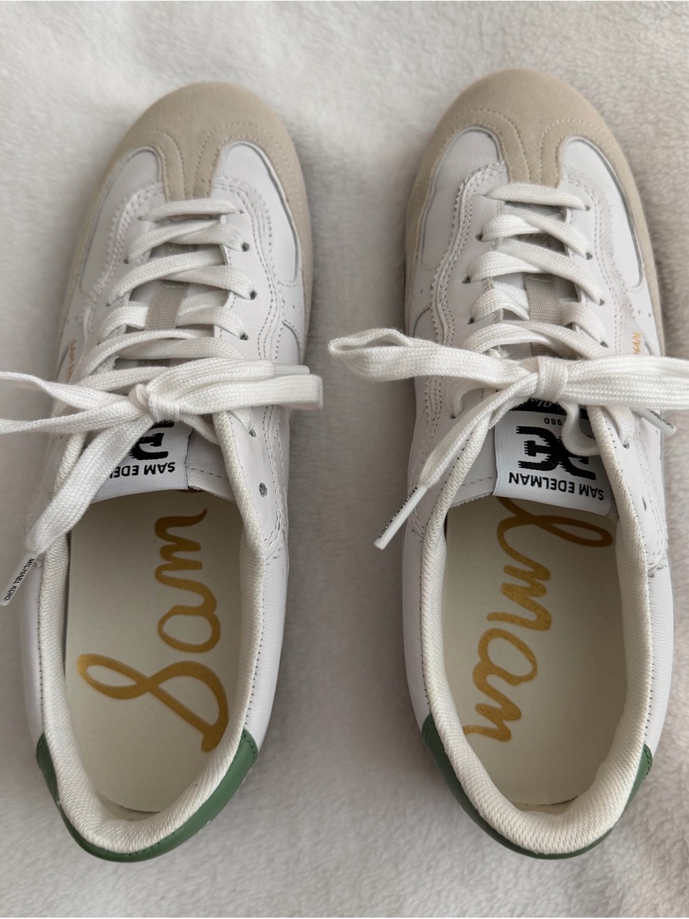 Sam Edelman White and Beige Sneakers with Green Heel Accent